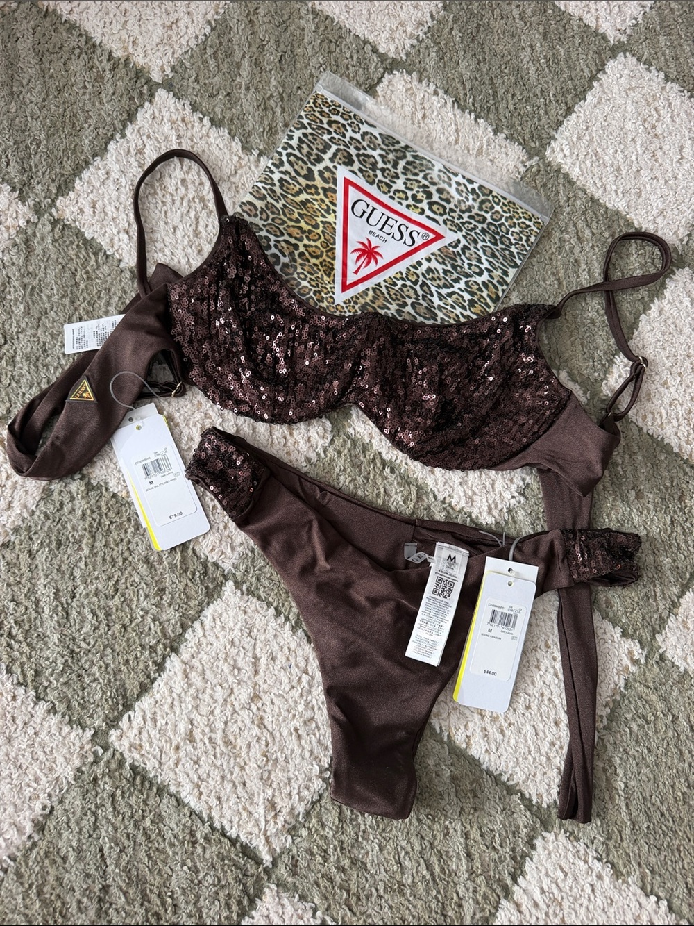 Guess Chocolate Brown Sequin Two-Piece Bikini NWT